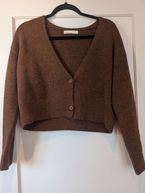 OAK + FORT Brown V-Neck Cropped Button Cardigan